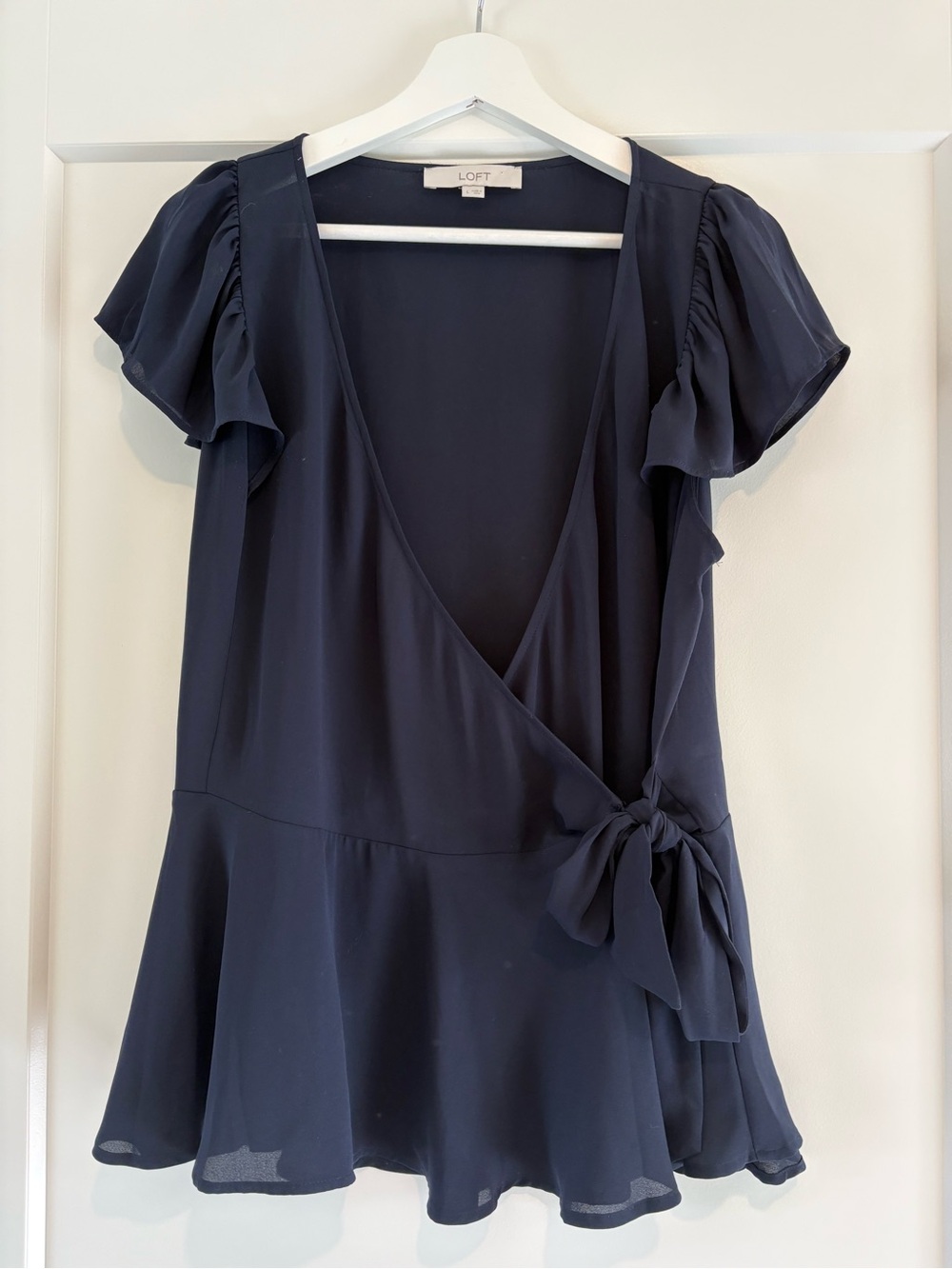 LOFT Navy Wrap Peplum Top with Flutter Sleeves
